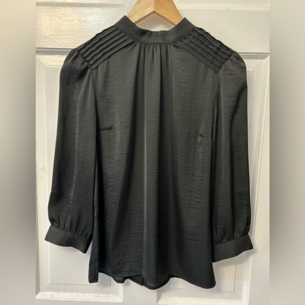 Black Silky Blouse by ModCloth | High Collar Full Back Button Pleated Shoulders